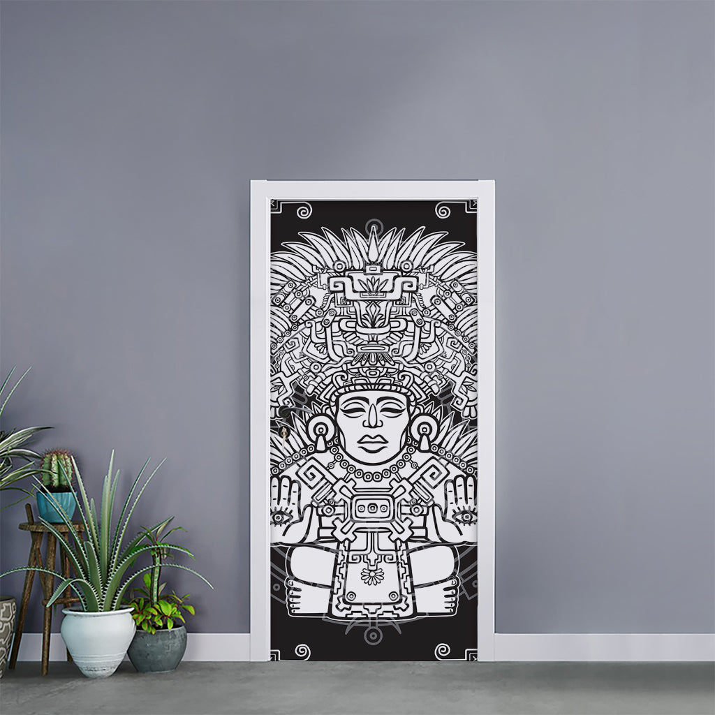 Blue And White Mayan Statue Print Door Sticker