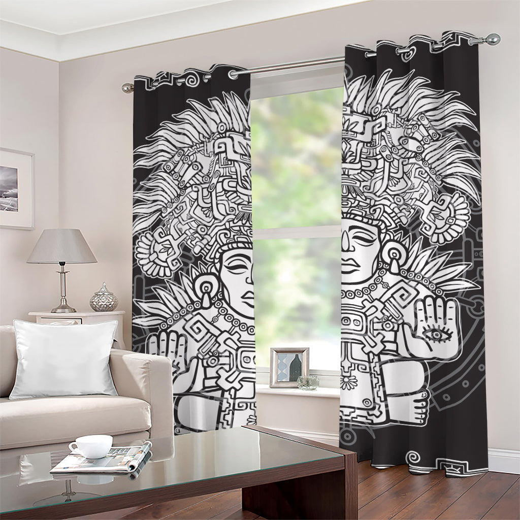 Blue And White Mayan Statue Print Grommet Curtains
