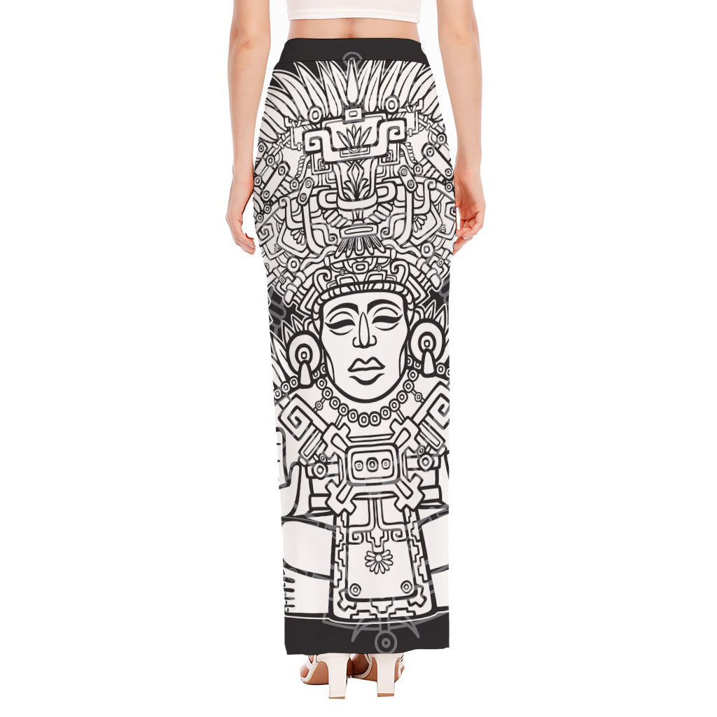 Blue And White Mayan Statue Print High Slit Maxi Skirt