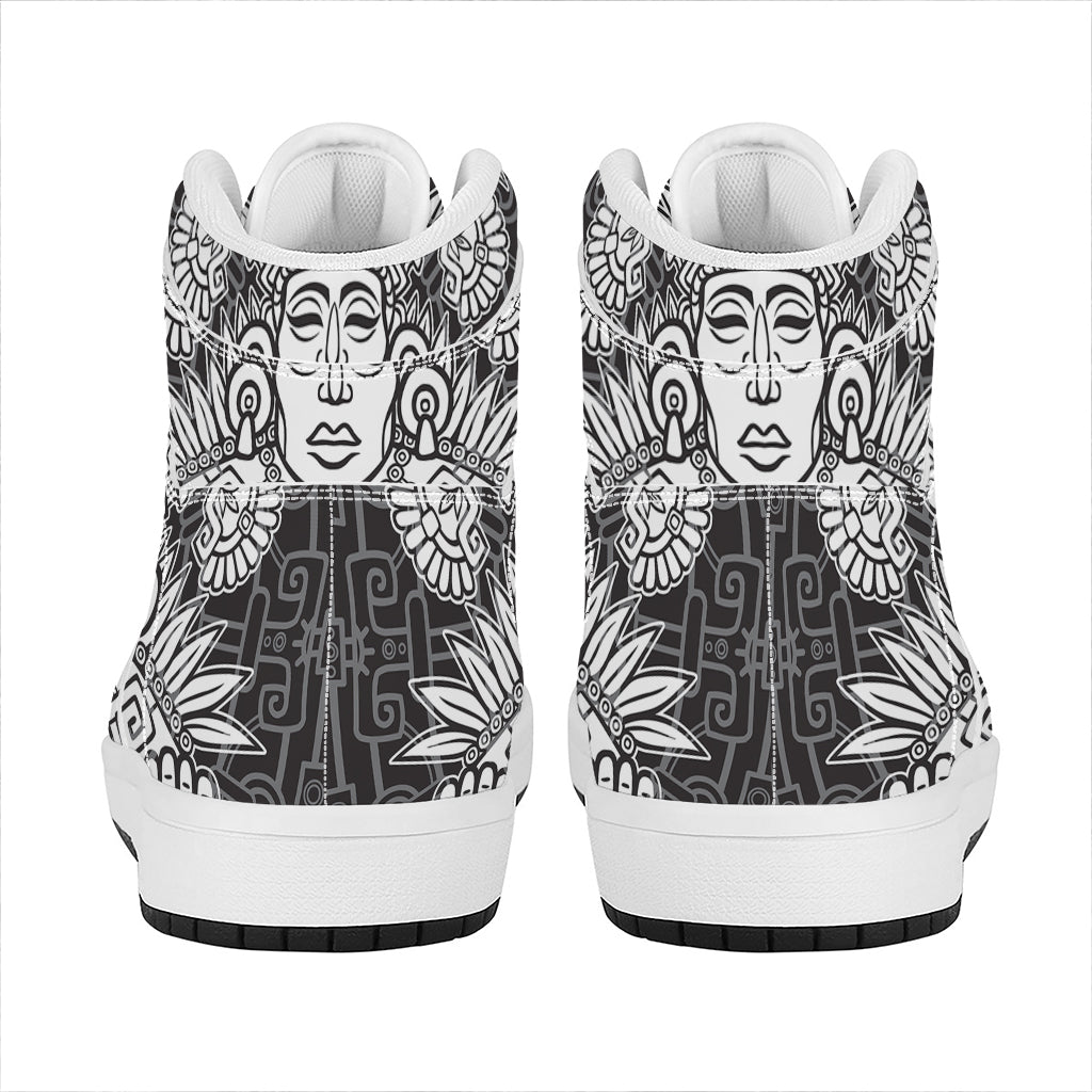 Blue And White Mayan Statue Print High Top Leather Sneakers