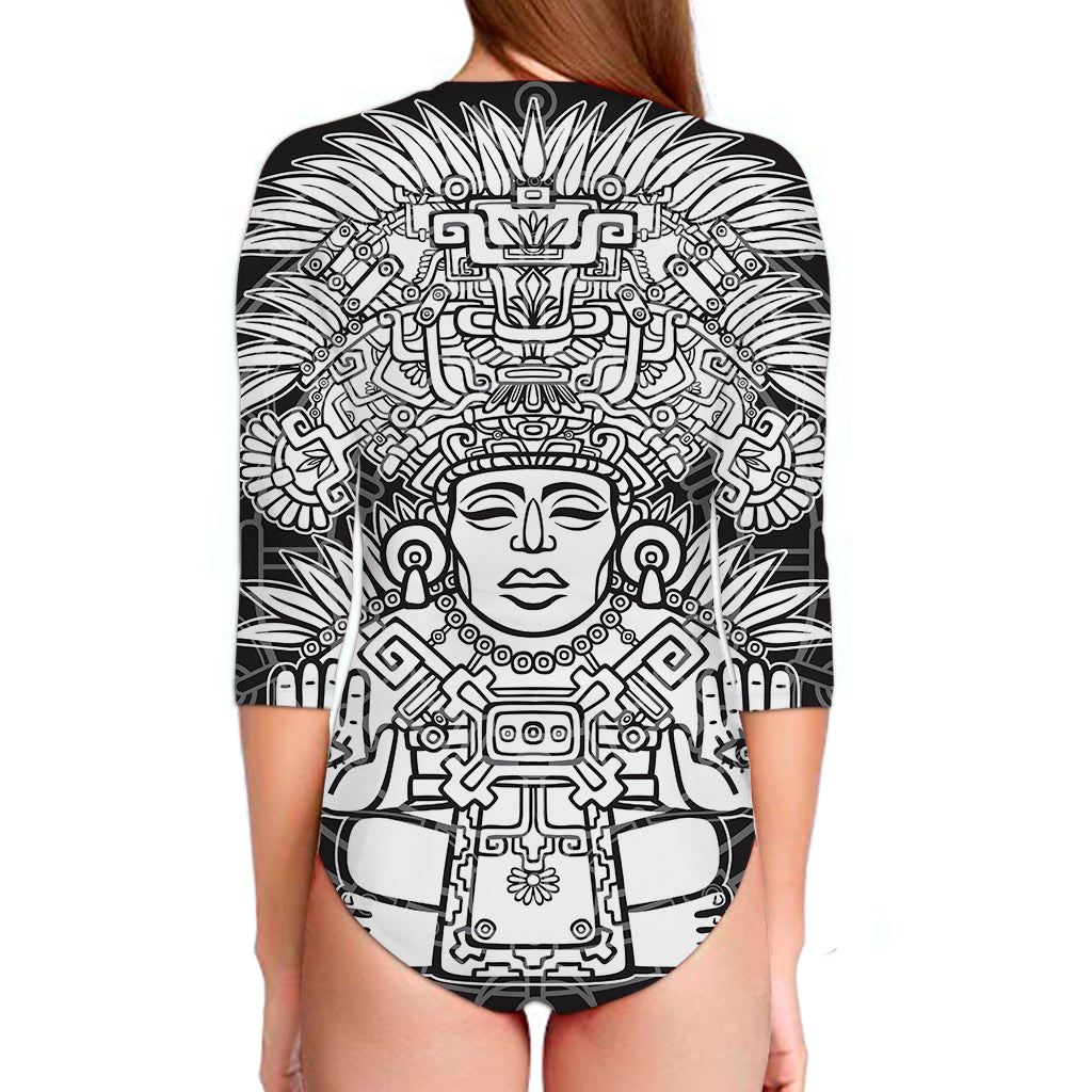 Blue And White Mayan Statue Print Long Sleeve Swimsuit