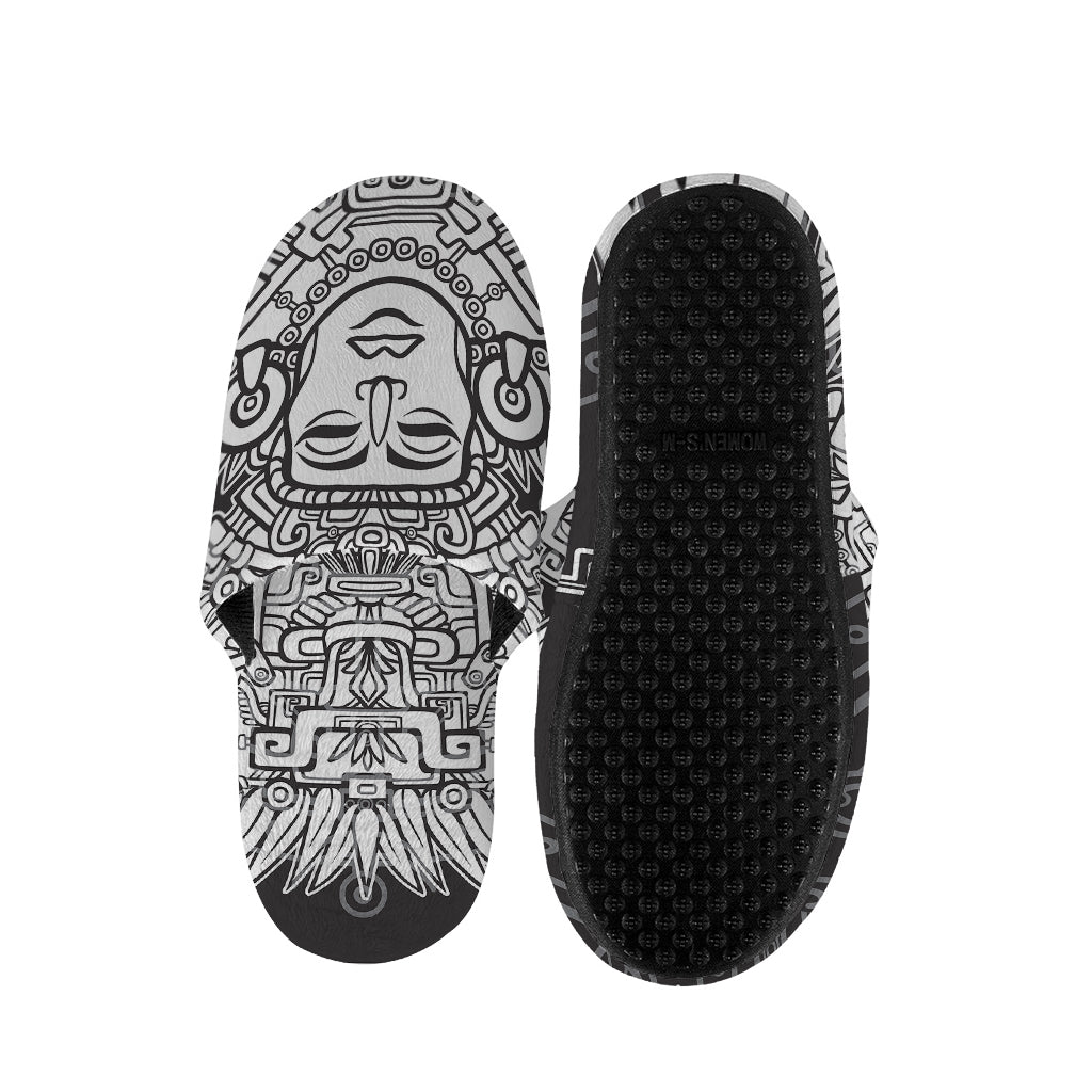 Blue And White Mayan Statue Print Slippers