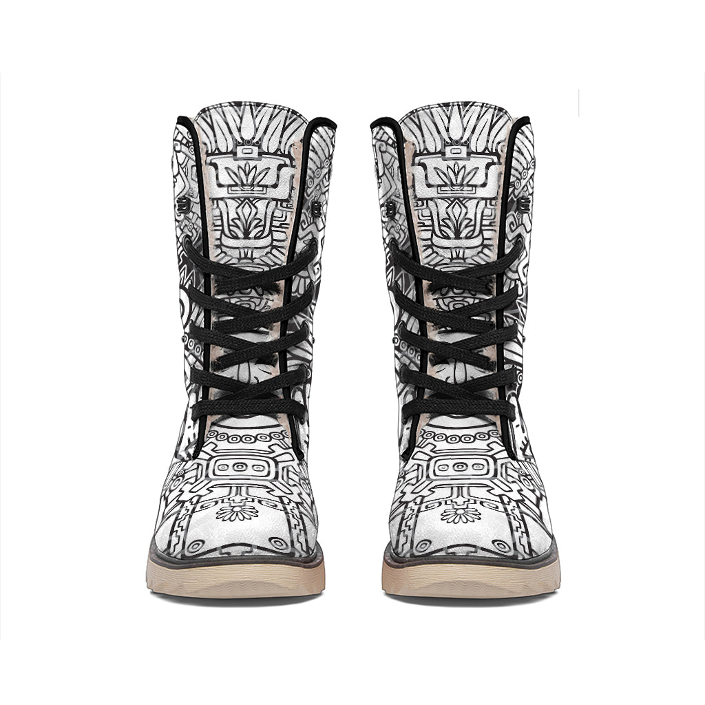 Blue And White Mayan Statue Print Winter Boots