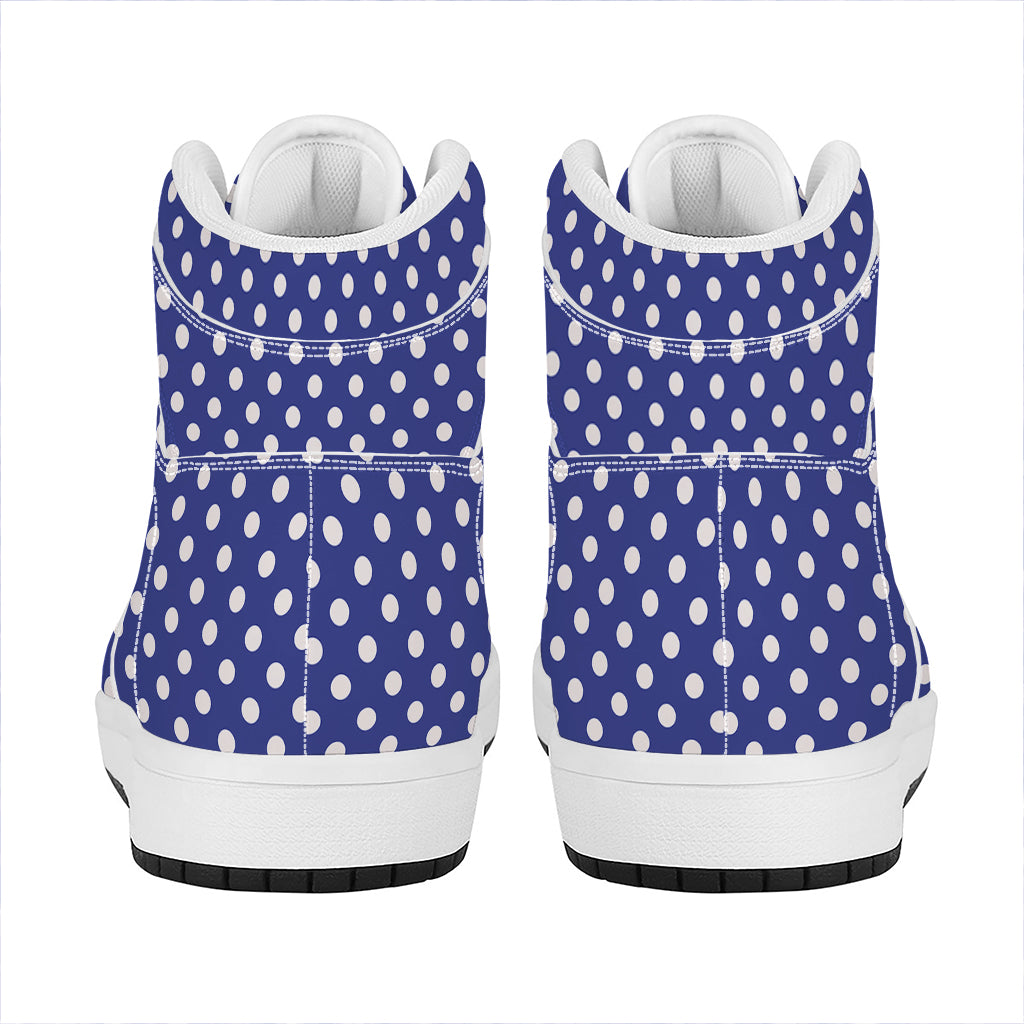 Blue And White Polka Dot Pattern Print High Top Leather Sneakers