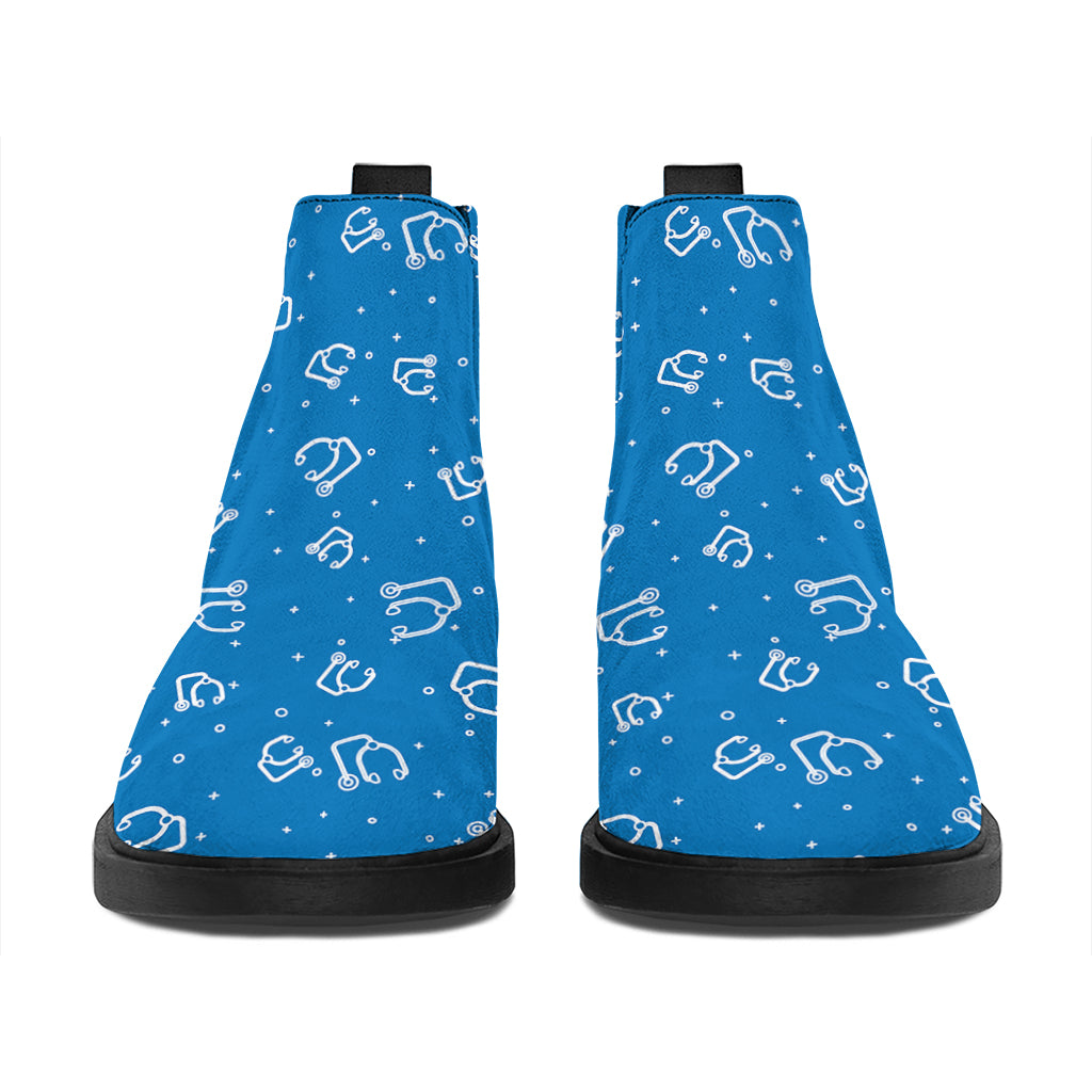 Blue And White Stethoscope Pattern Print Flat Ankle Boots