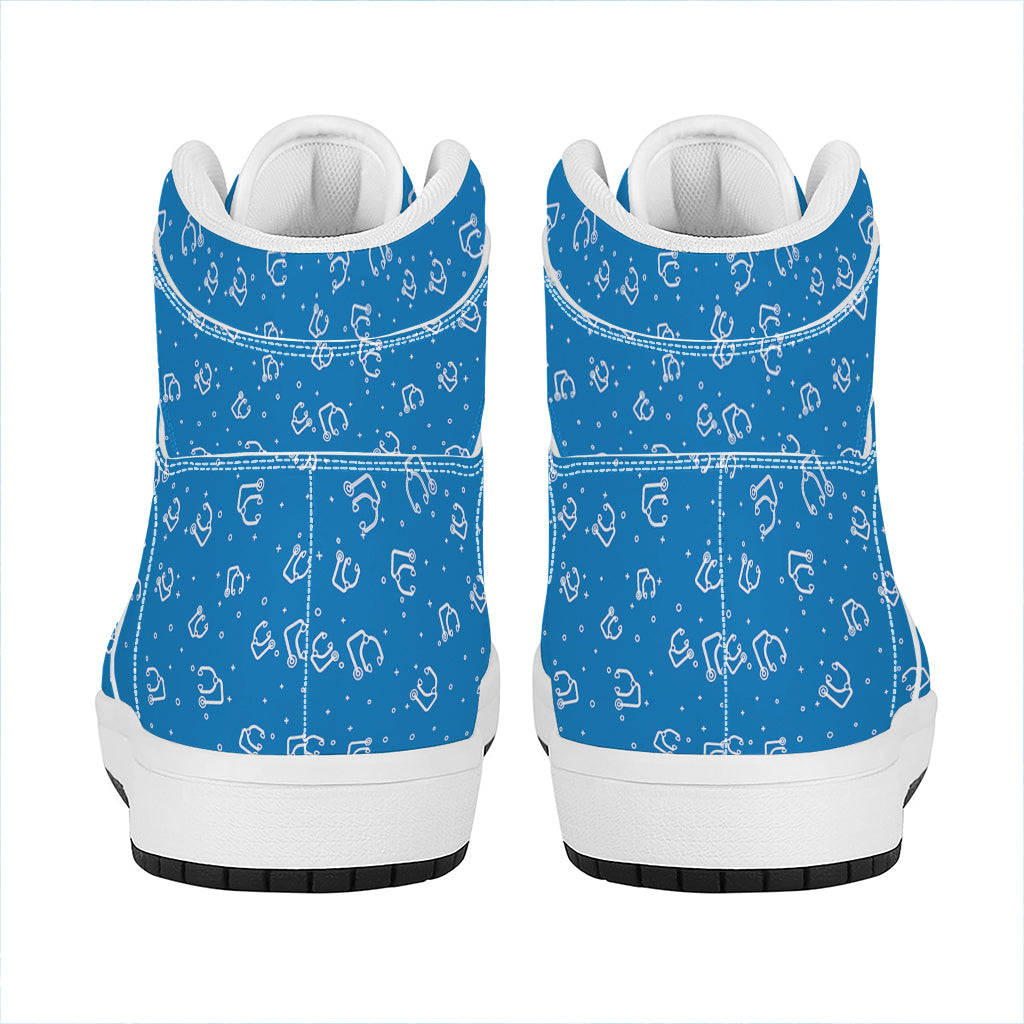 Blue And White Stethoscope Pattern Print High Top Leather Sneakers