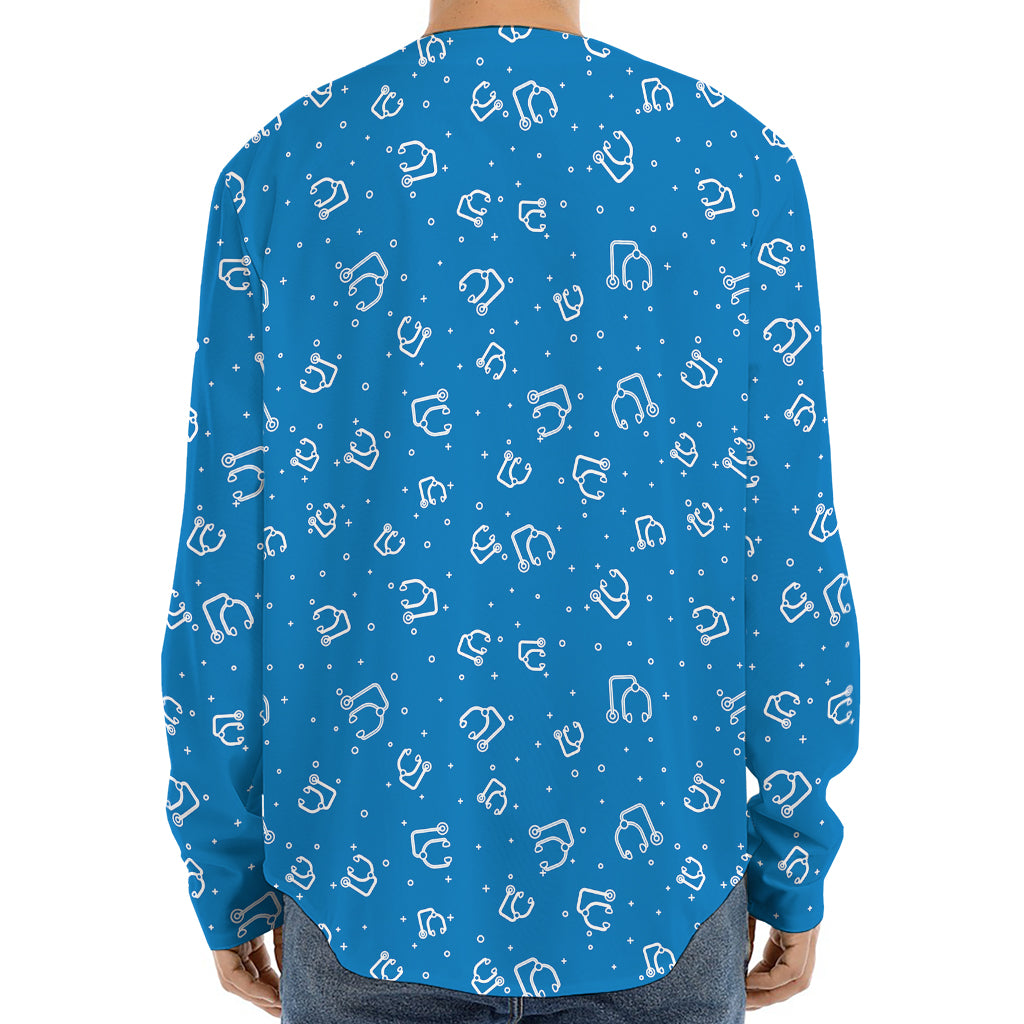 Blue And White Stethoscope Pattern Print Long Sleeve Baseball Jersey