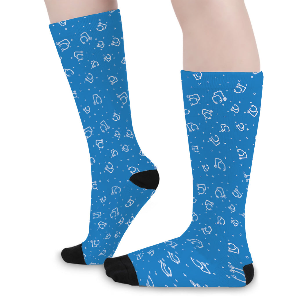 Blue And White Stethoscope Pattern Print Long Socks