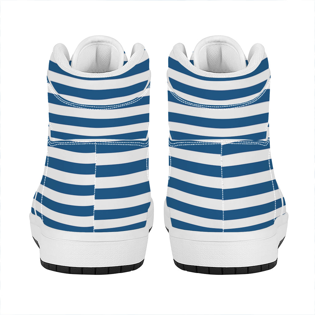 Blue And White Striped Pattern Print High Top Leather Sneakers