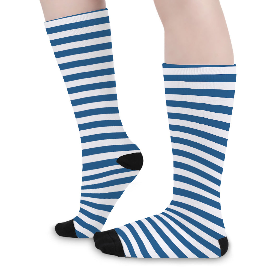 Blue And White Striped Pattern Print Long Socks