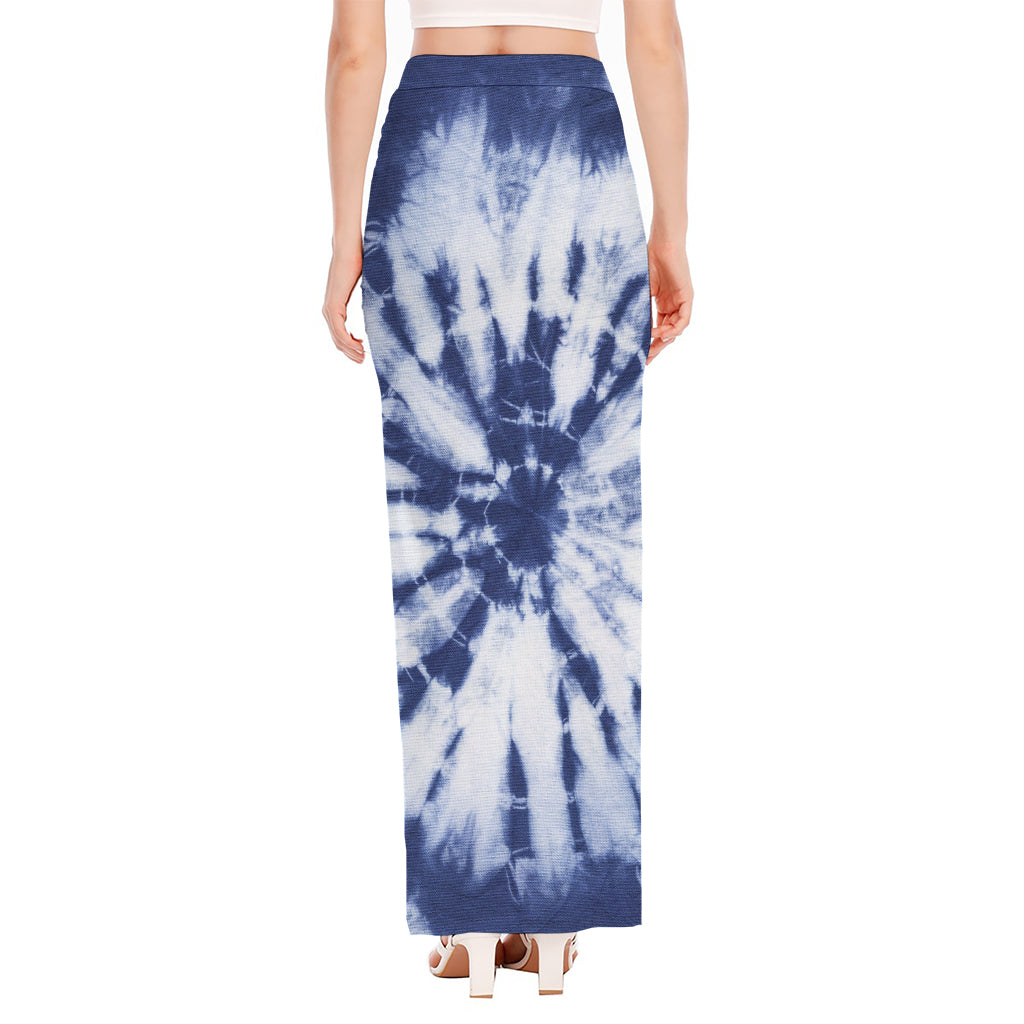Blue And White Tie Dye Print High Slit Maxi Skirt