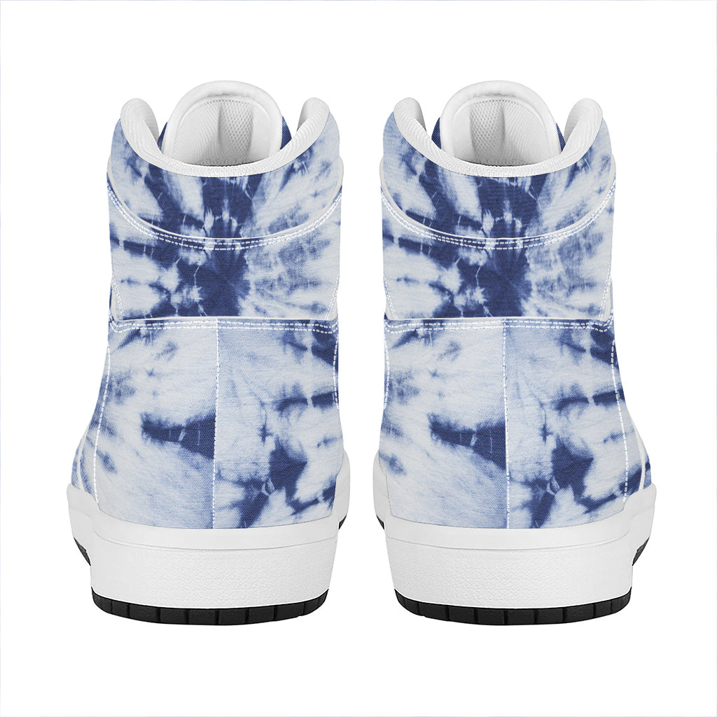 Blue And White Tie Dye Print High Top Leather Sneakers