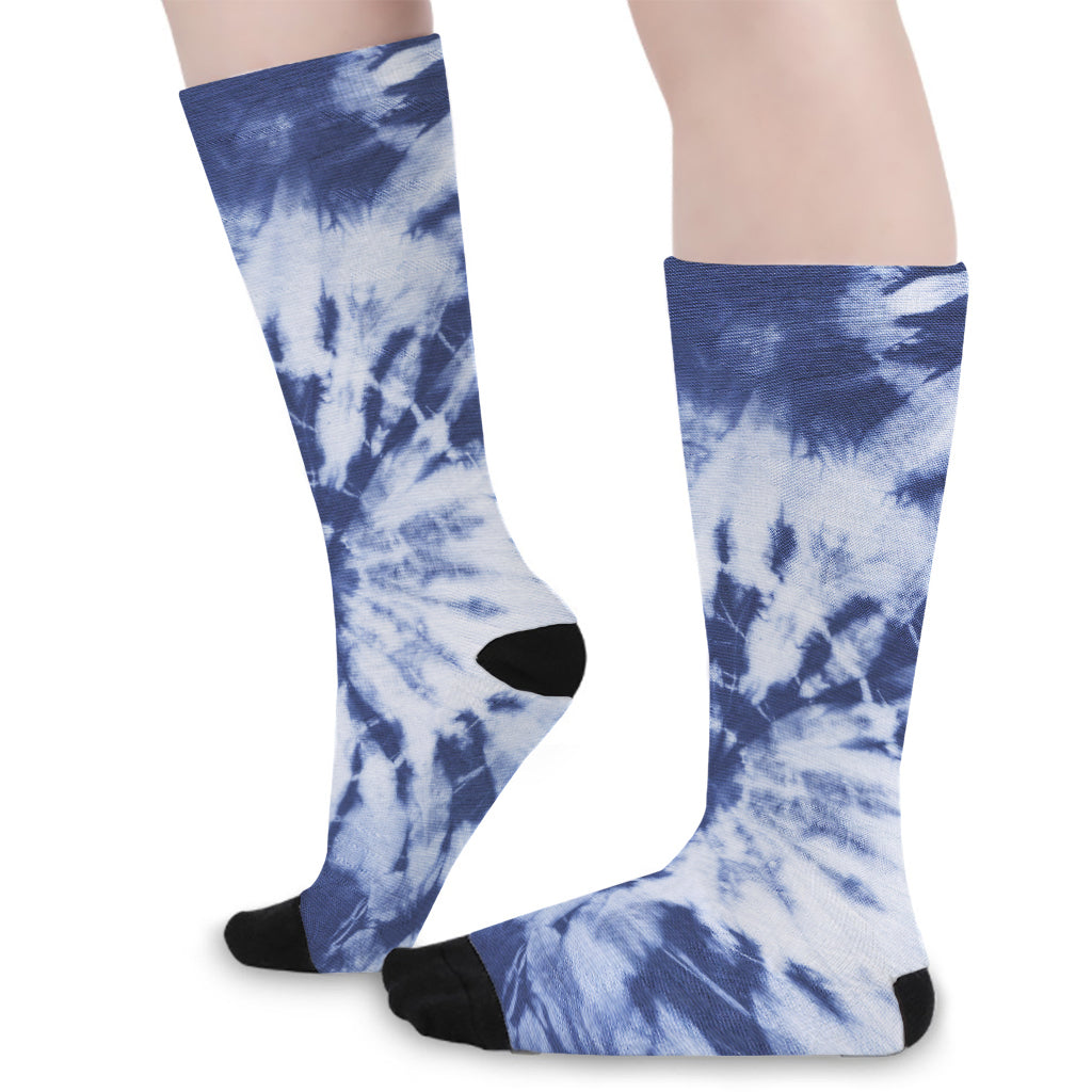 Blue And White Tie Dye Print Long Socks