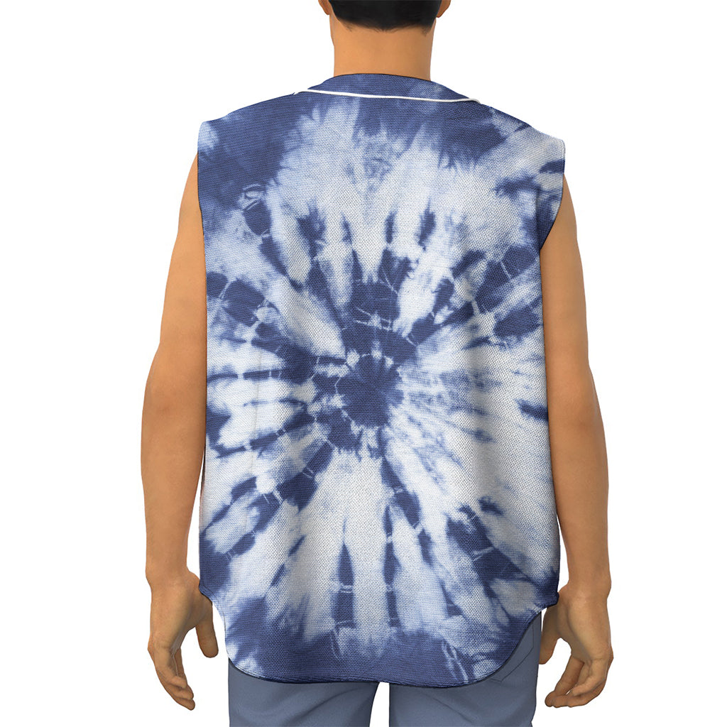 Blue And White Tie Dye Print Sleeveless Baseball Jersey