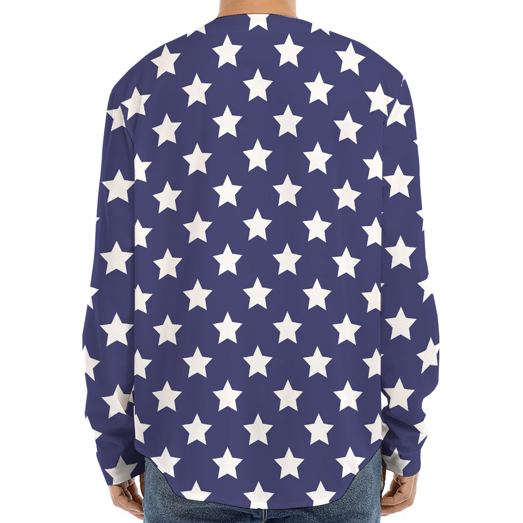 Blue And White USA Star Pattern Print Long Sleeve Baseball Jersey