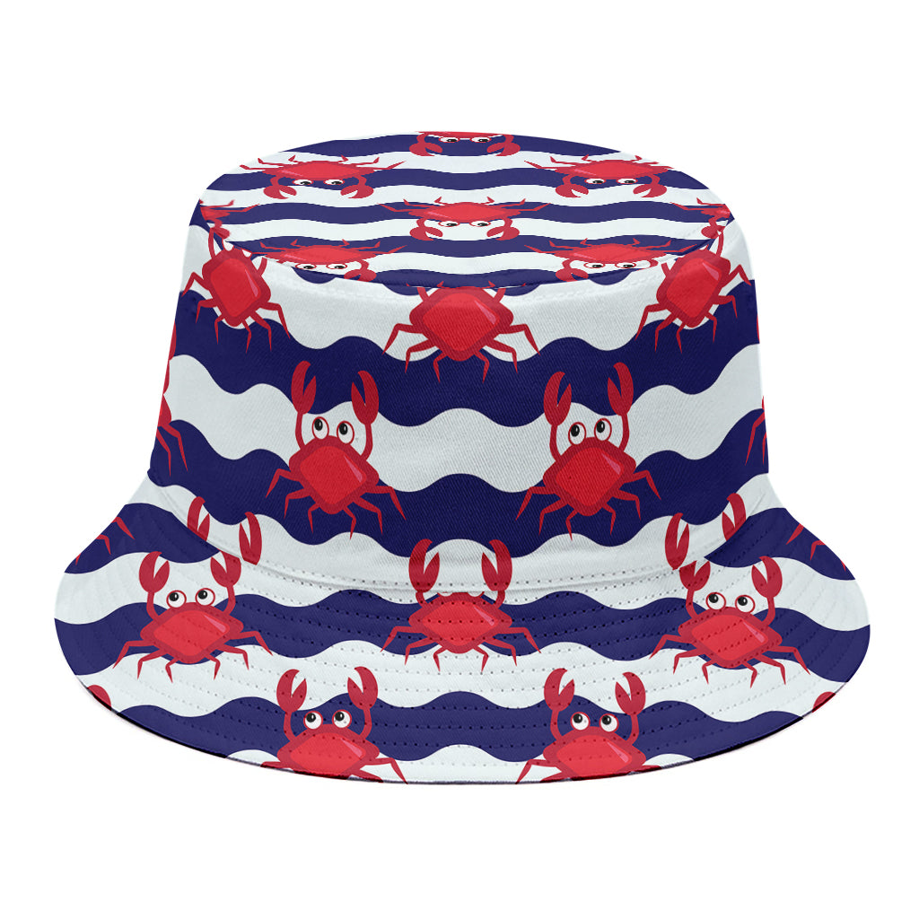 Blue And White Wave Crab Pattern Print Bucket Hat