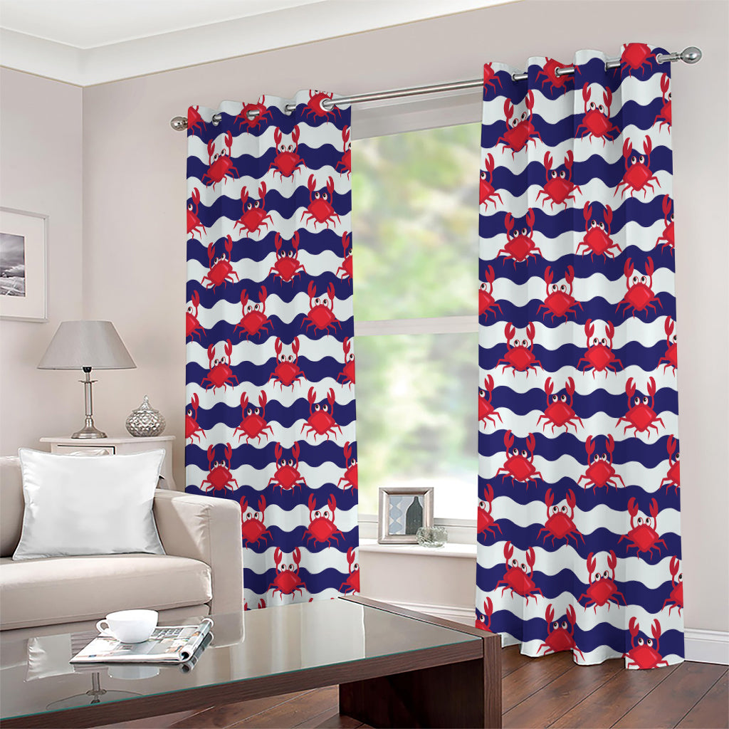 Blue And White Wave Crab Pattern Print Extra Wide Grommet Curtains