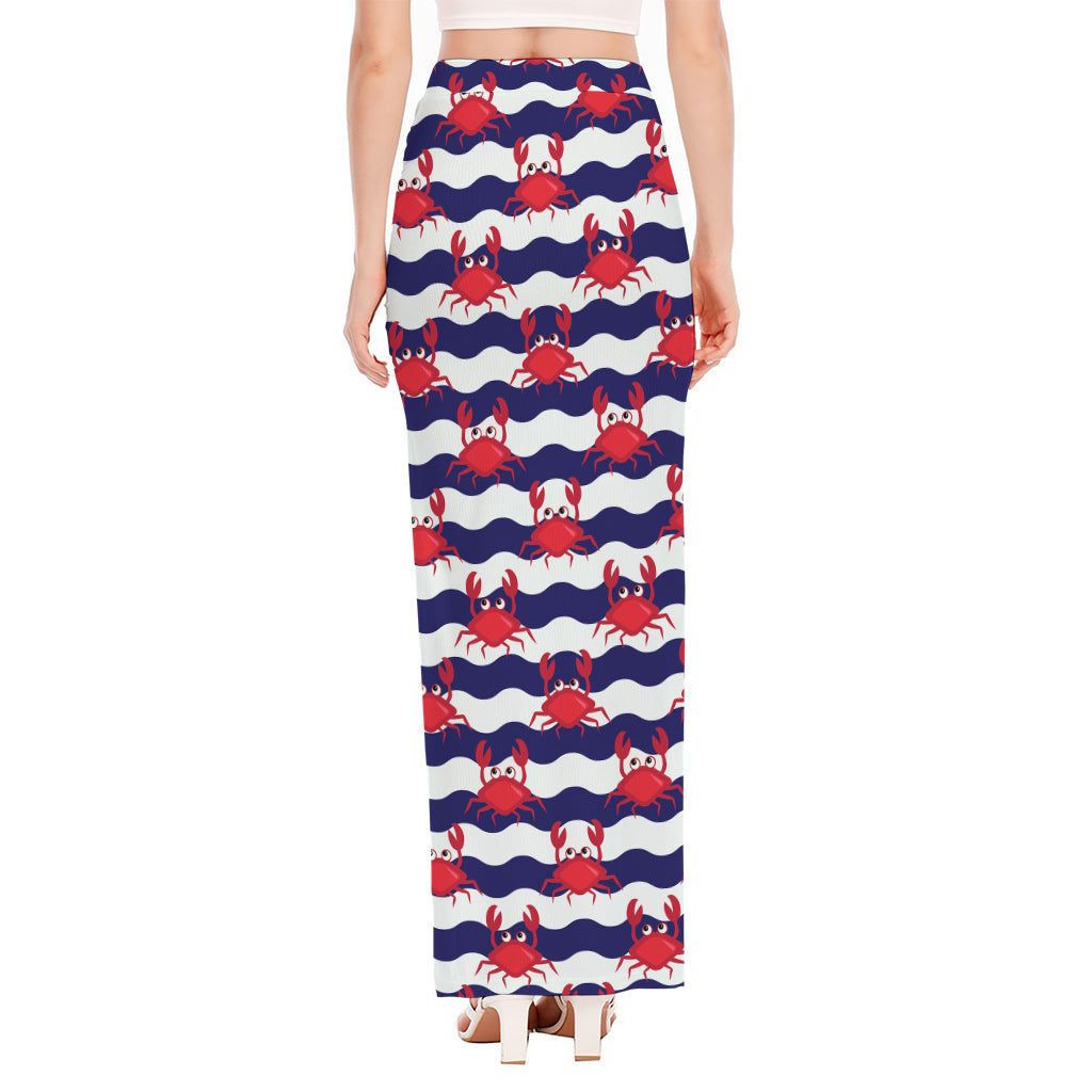 Blue And White Wave Crab Pattern Print High Slit Maxi Skirt