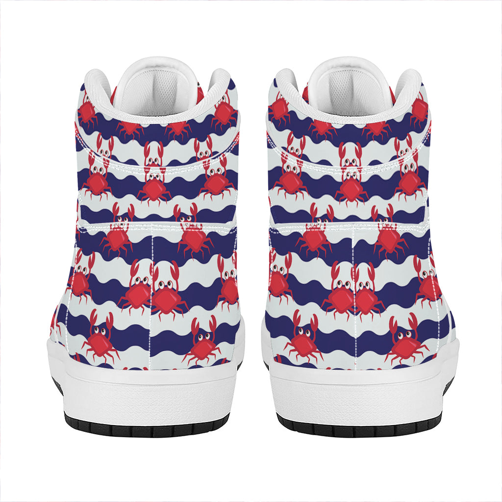 Blue And White Wave Crab Pattern Print High Top Leather Sneakers
