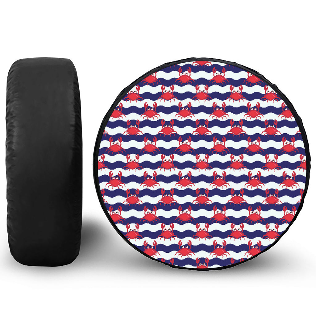 Blue And White Wave Crab Pattern Print Leather Spare Tire Cover