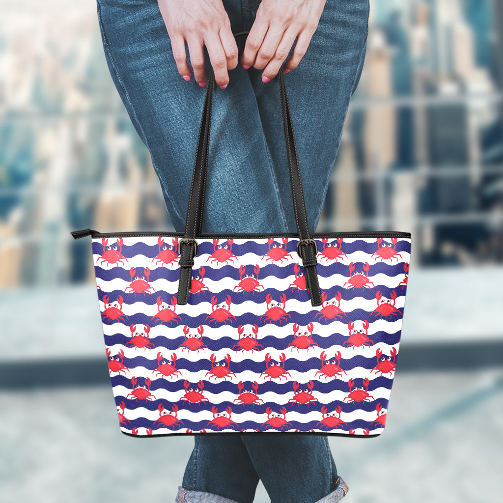 Blue And White Wave Crab Pattern Print Leather Tote Bag