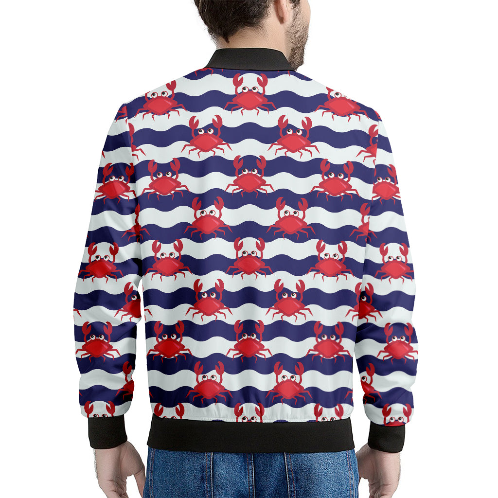 Blue And White Wave Crab Pattern Print Men's Bomber Jacket