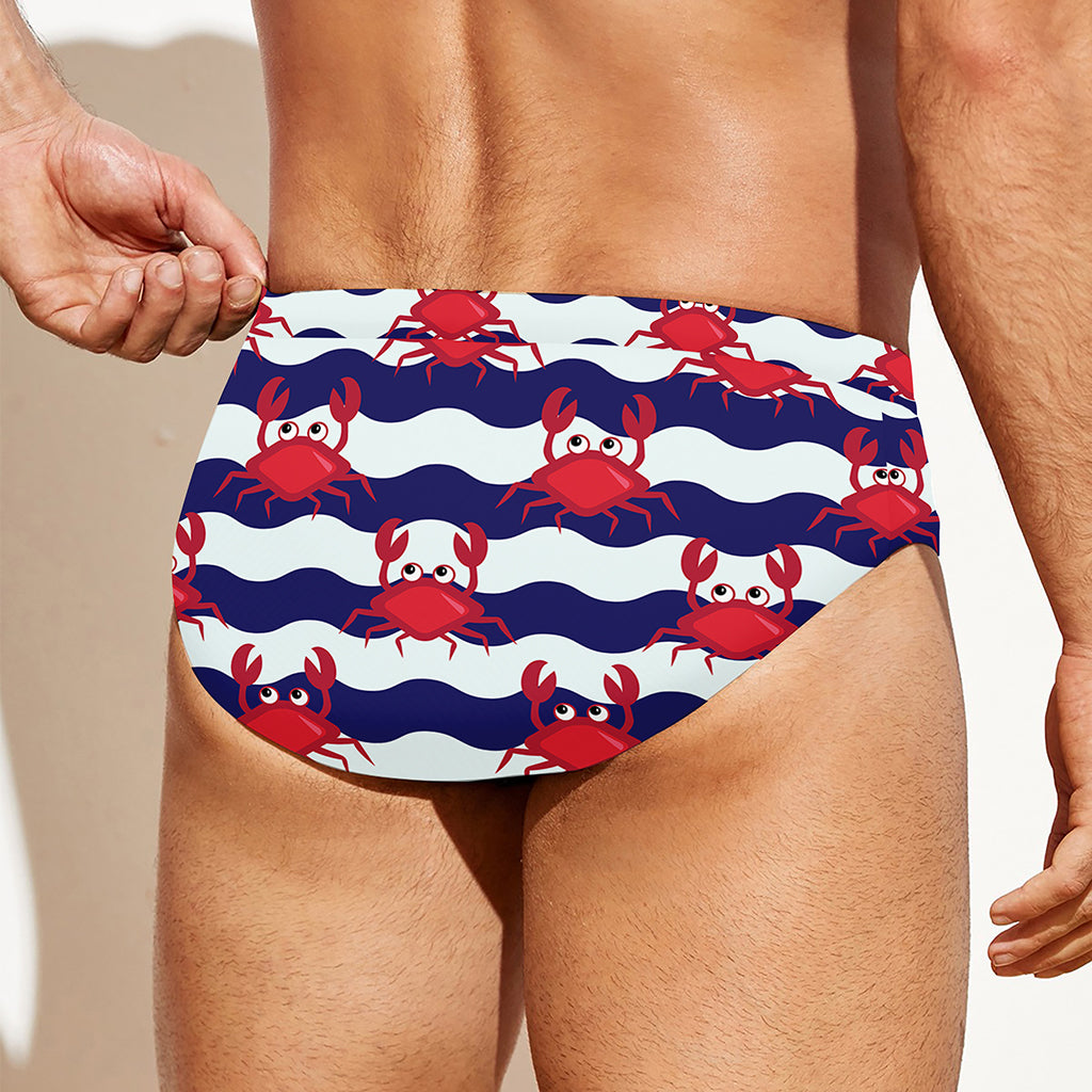 Blue And White Wave Crab Pattern Print Men's Swim Briefs