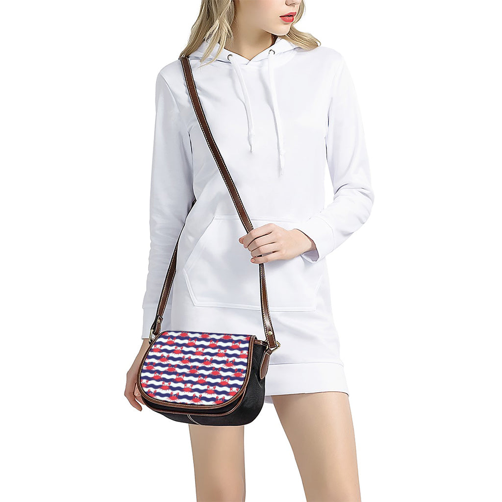 Blue And White Wave Crab Pattern Print Saddle Bag
