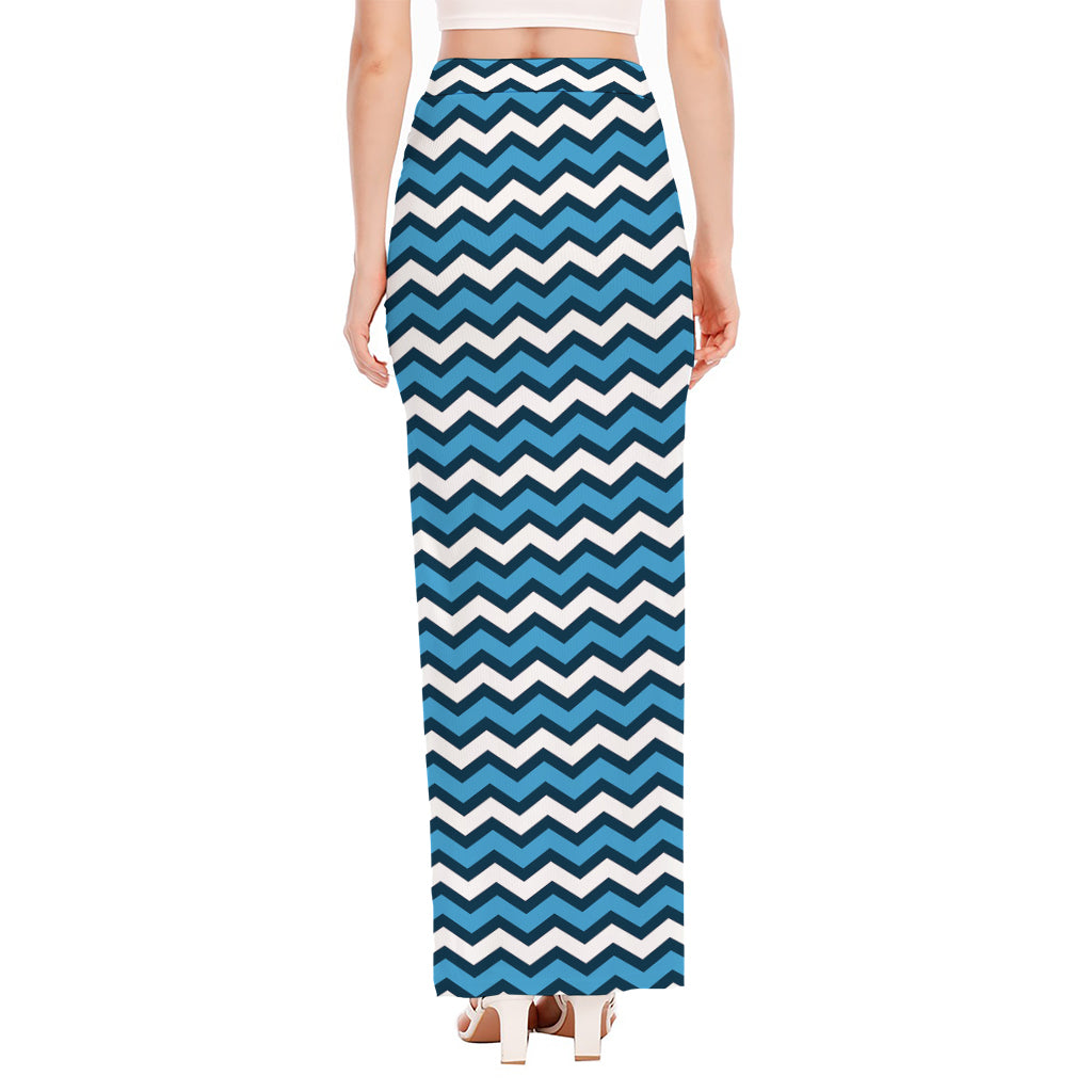 Blue And White Zigzag Pattern Print High Slit Maxi Skirt