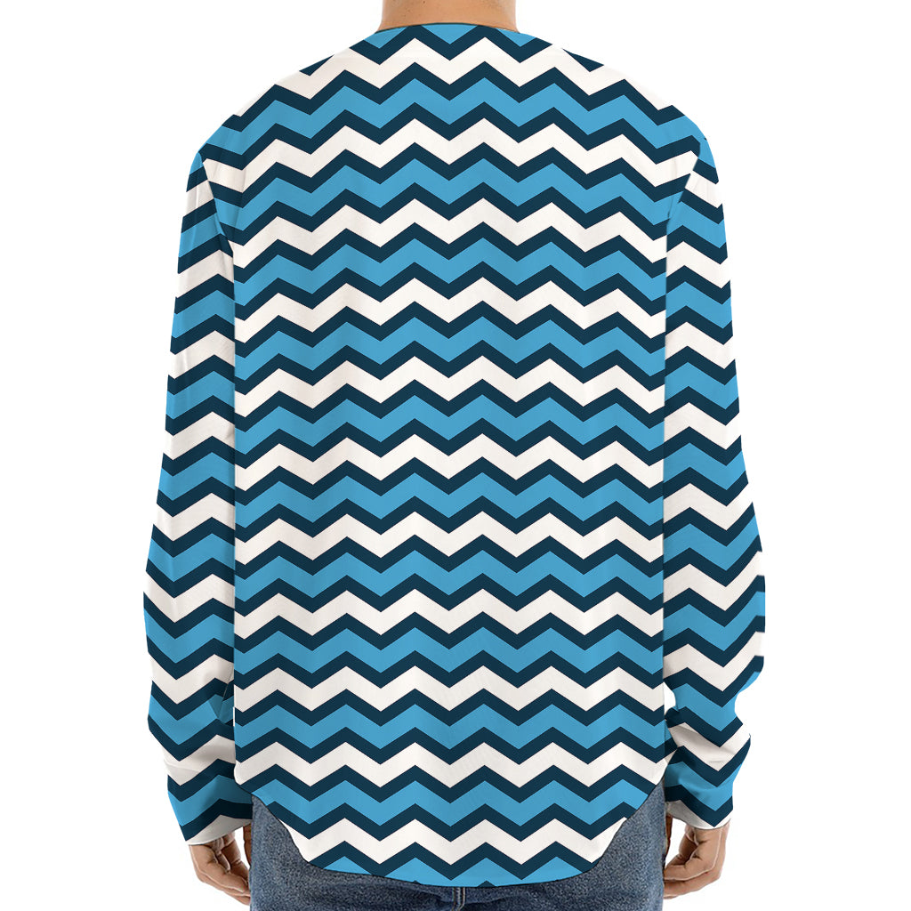 Blue And White Zigzag Pattern Print Long Sleeve Baseball Jersey