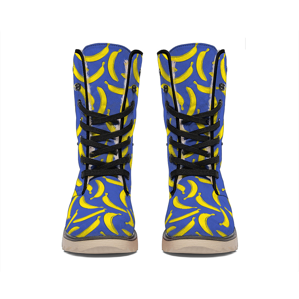 Blue And Yellow Banana Pattern Print Winter Boots