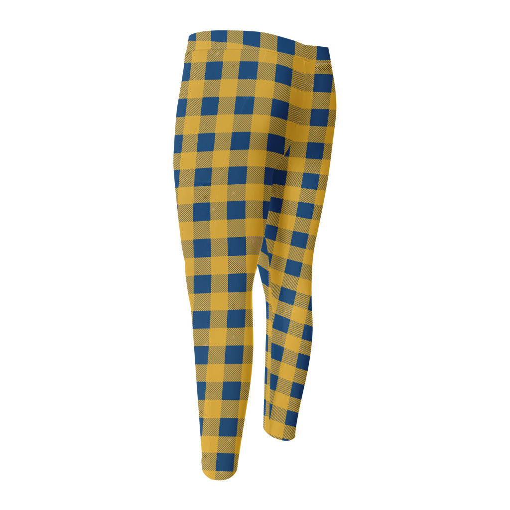 Blue And Yellow Buffalo Check Print Men's Compression Pants