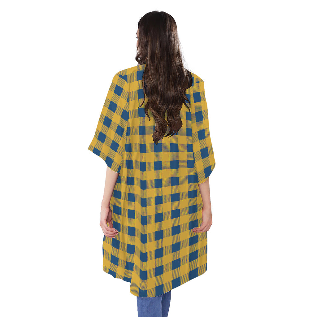 Blue And Yellow Buffalo Check Print Open Front Beach Cover Up