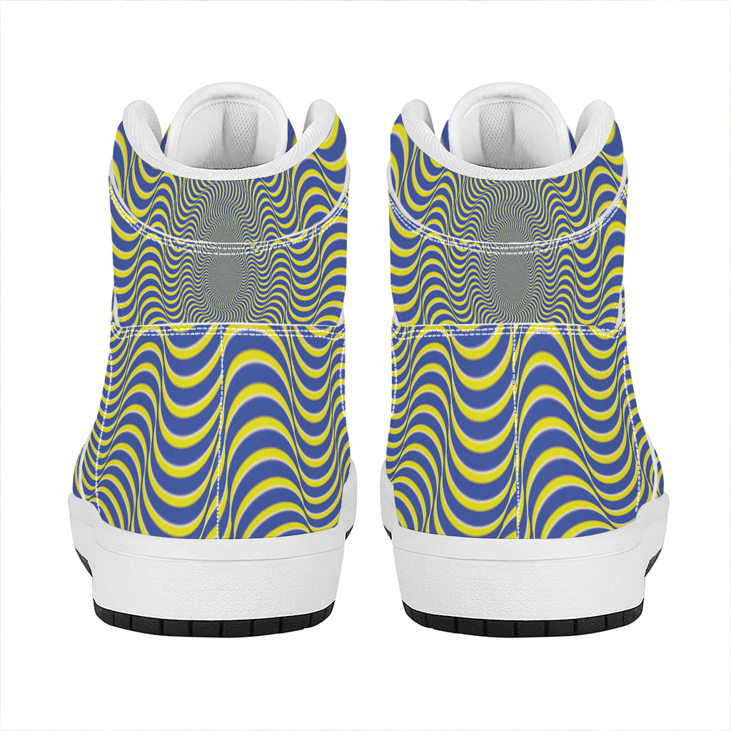Blue And Yellow Illusory Motion Print High Top Leather Sneakers