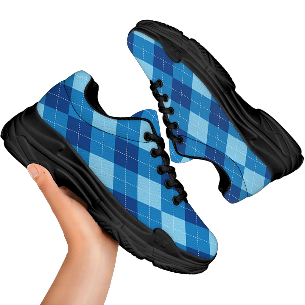 Blue Argyle Pattern Print Black Chunky Shoes