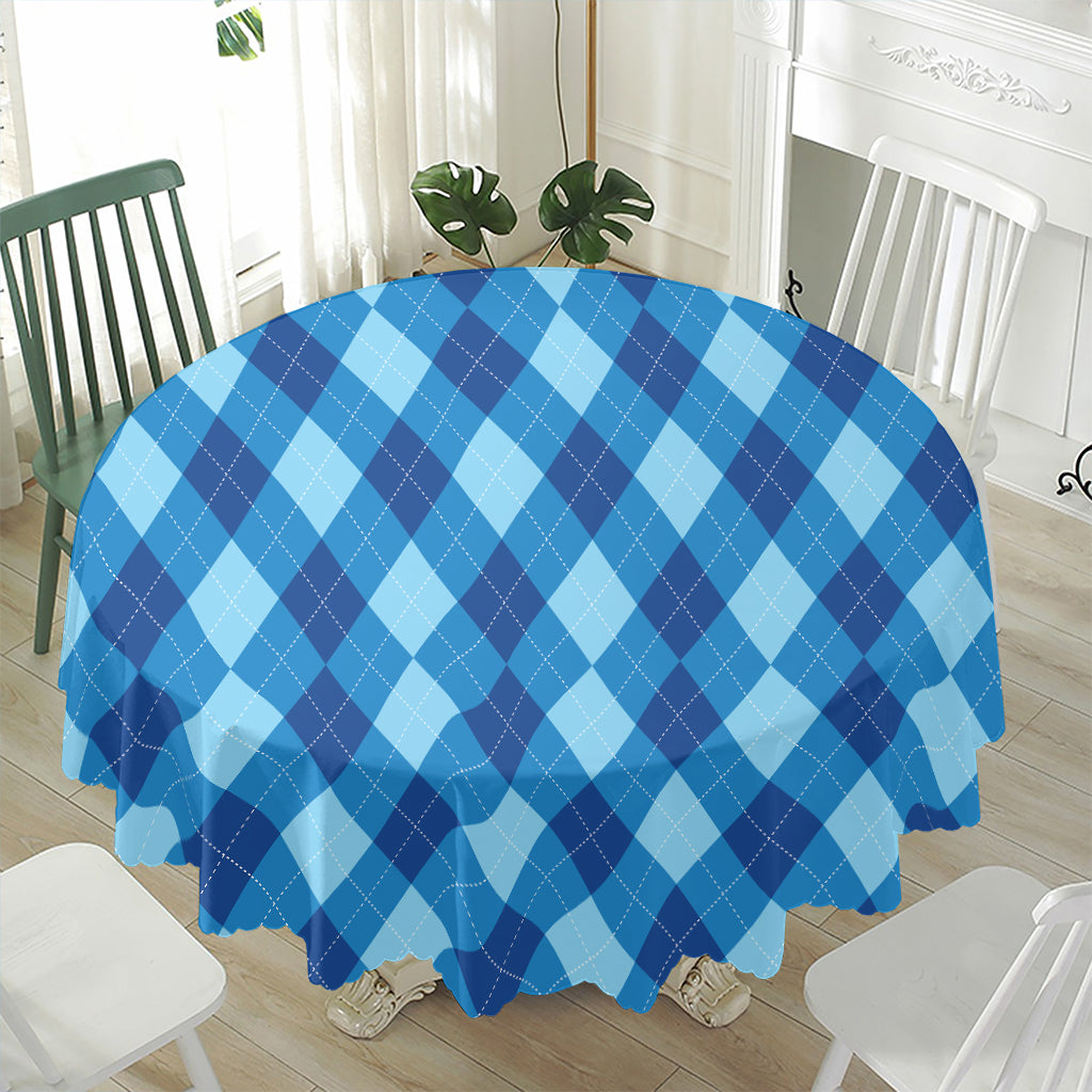 Blue Argyle Pattern Print Waterproof Round Tablecloth