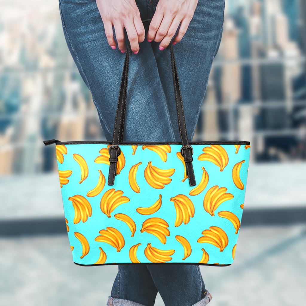 Blue Banana Pattern Print Leather Tote Bag