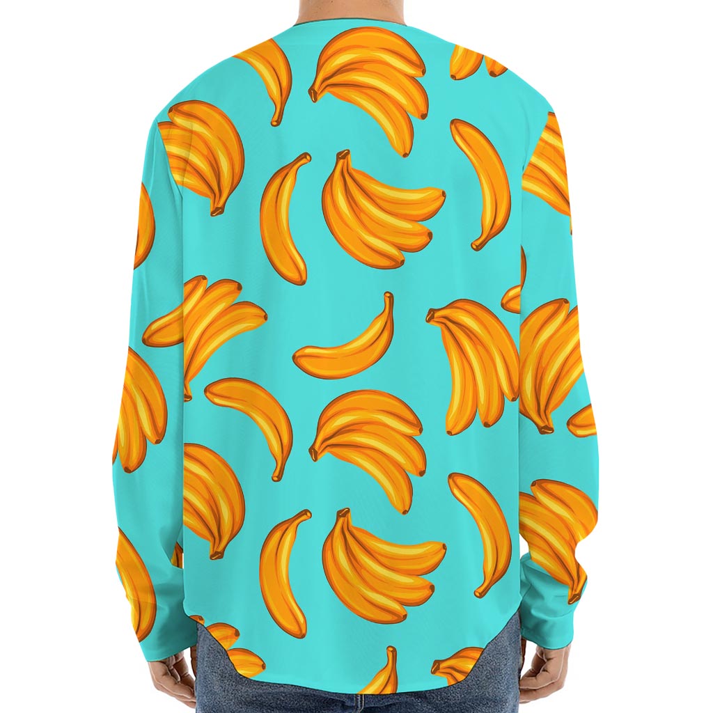 Blue Banana Pattern Print Long Sleeve Baseball Jersey
