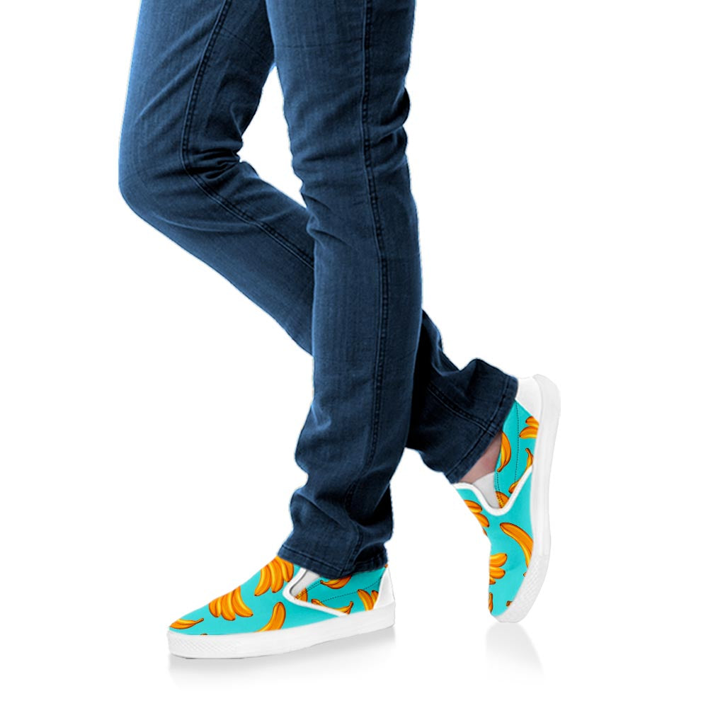Blue Banana Pattern Print White Slip On Sneakers