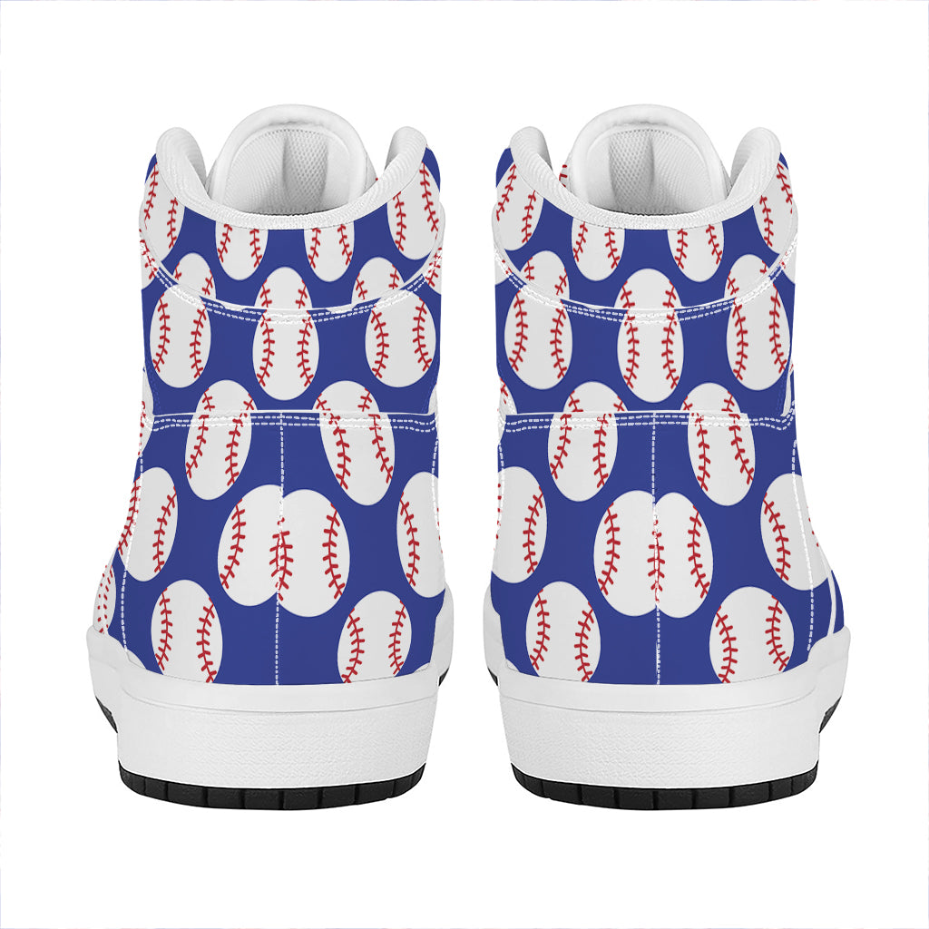 Blue Baseball Pattern Print High Top Leather Sneakers