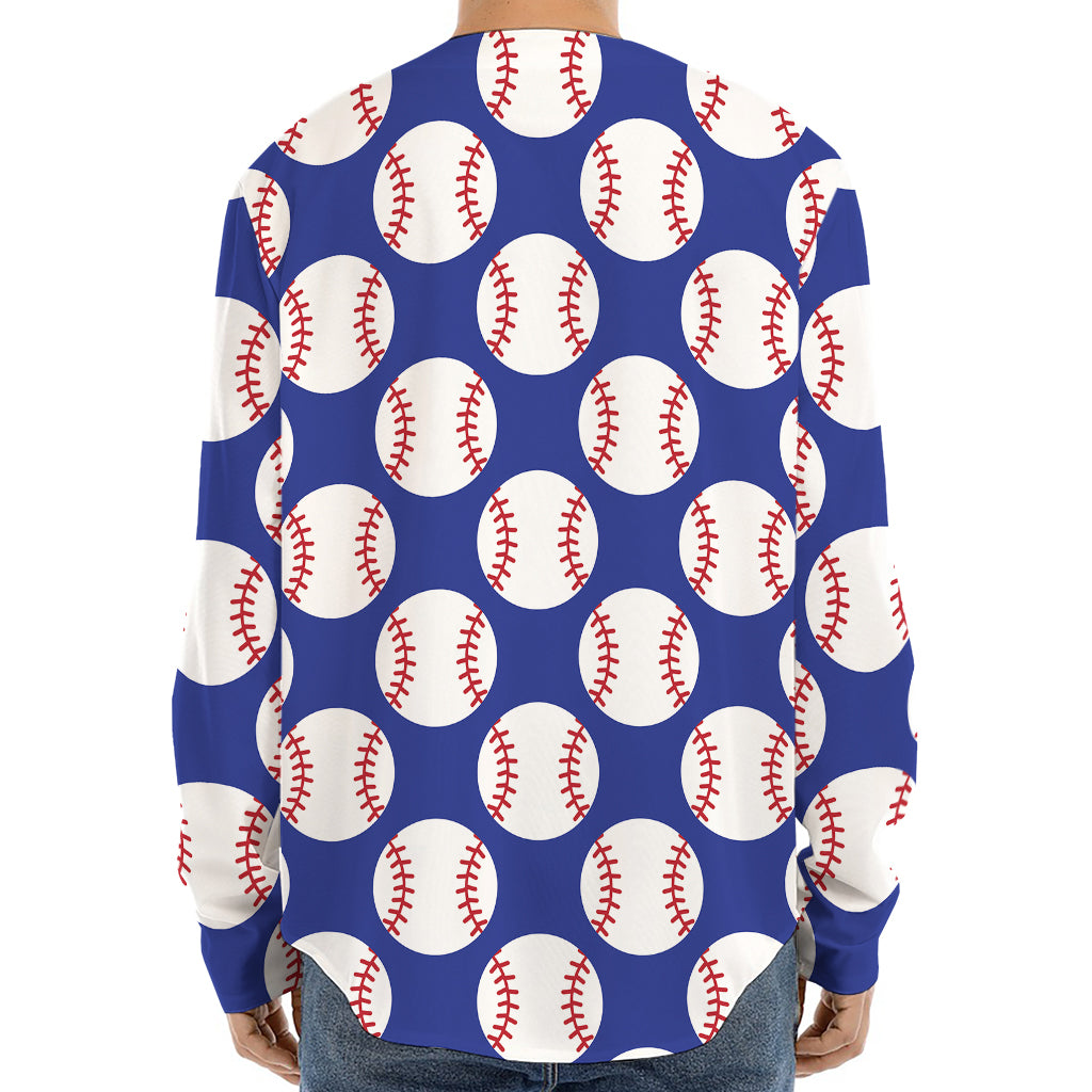 Blue Baseball Pattern Print Long Sleeve Baseball Jersey