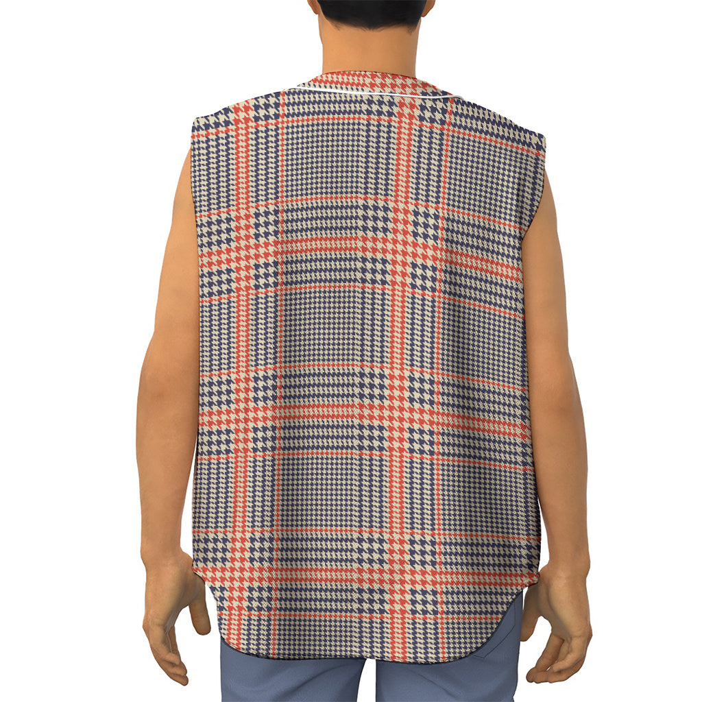 Blue Beige And Orange Glen Plaid Print Sleeveless Baseball Jersey