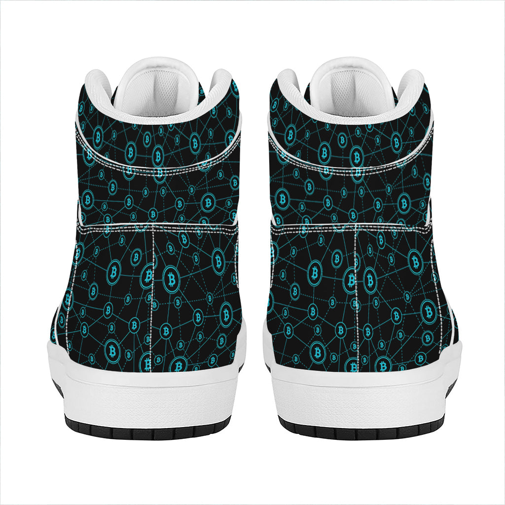 Blue Bitcoin Pattern Print High Top Leather Sneakers
