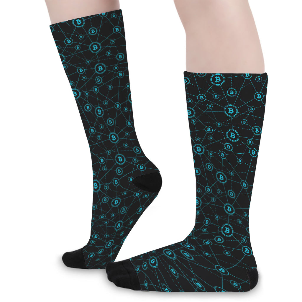 Blue Bitcoin Pattern Print Long Socks