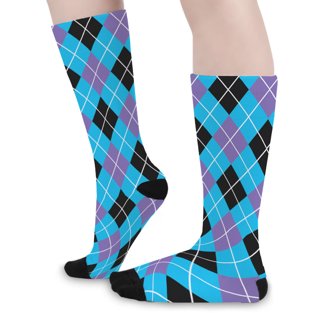 Blue Black And Purple Argyle Print Long Socks