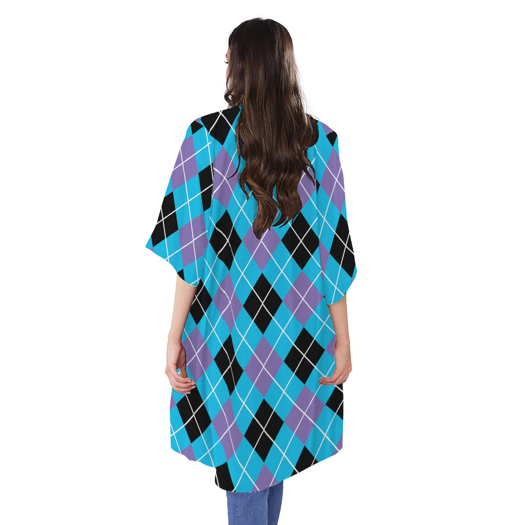 Blue Black And Purple Argyle Print Open Front Beach Cover Up