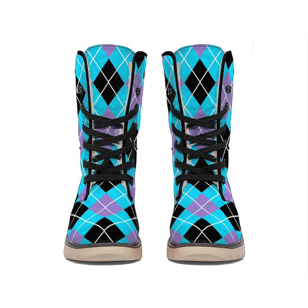 Blue Black And Purple Argyle Print Winter Boots
