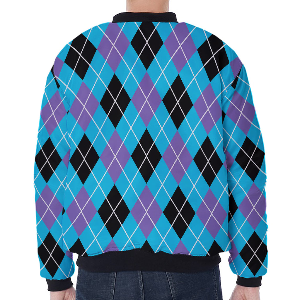 Blue Black And Purple Argyle Print Zip Sleeve Bomber Jacket