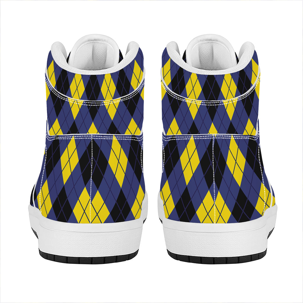 Blue Black And Yellow Argyle Print High Top Leather Sneakers