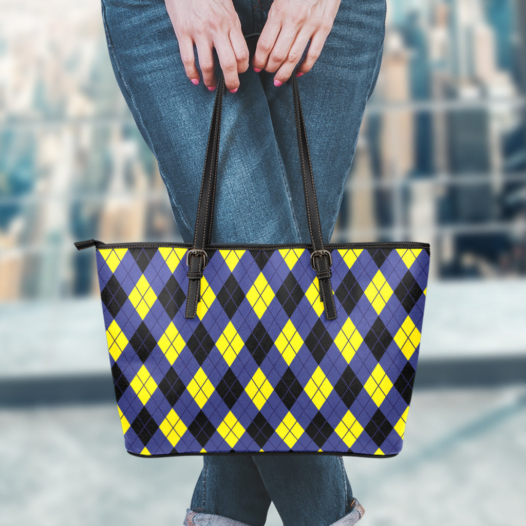 Blue Black And Yellow Argyle Print Leather Tote Bag